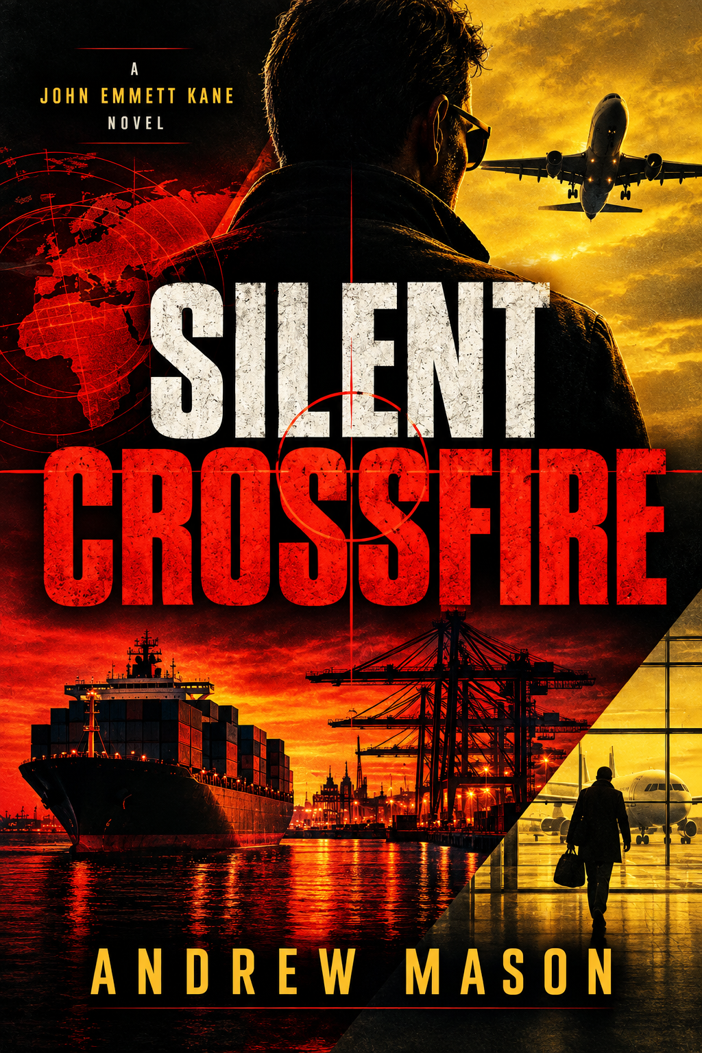 Cover of Silent Crossfire by Andrew Mason: a man in sunglasses seen from behind, a cargo ship at dusk, and a traveler walking through an airport terminal.